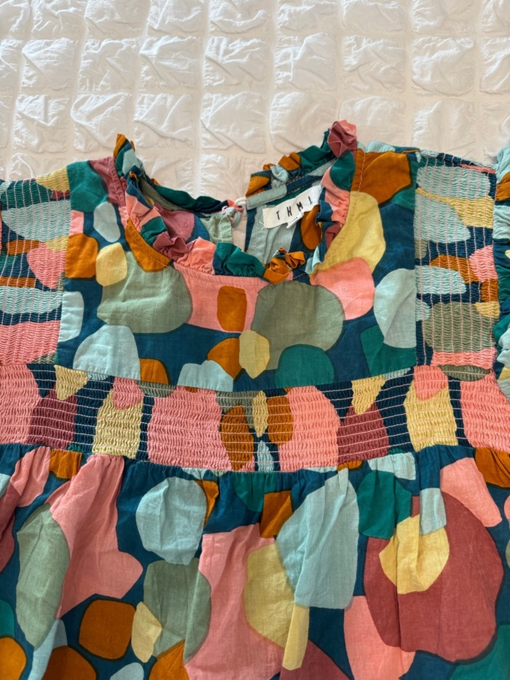 THML Multicolor Abstract Smocked Dress in Teal, Pink & Mustard - Picture 3 of 6